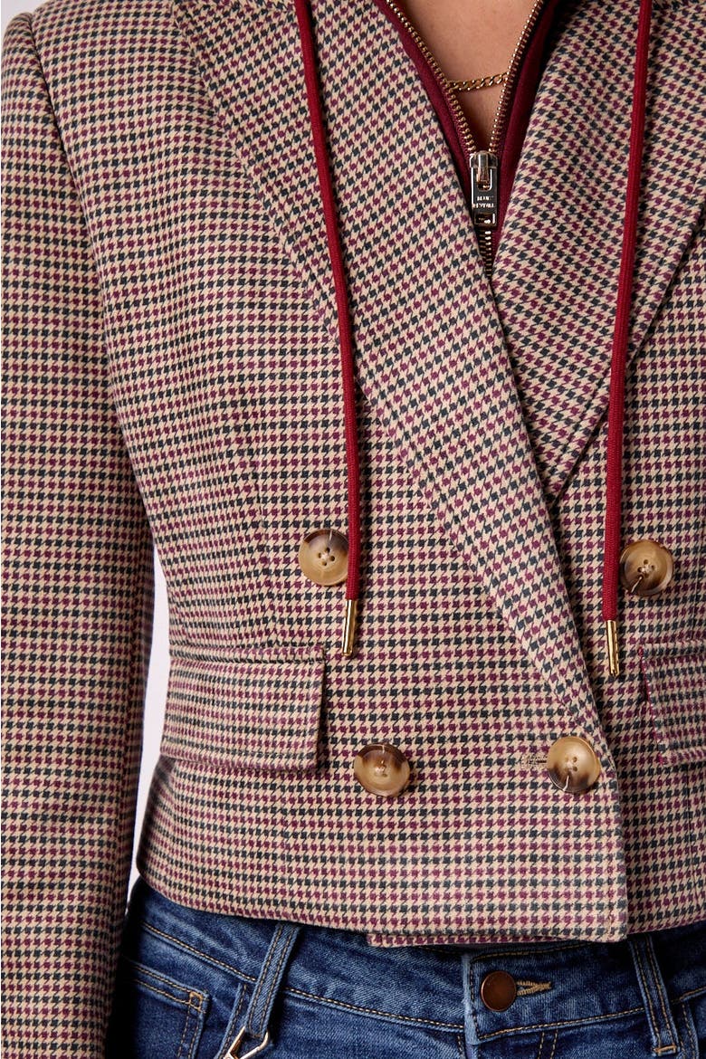 Skye Cropped Blazer With Hoodie Insert in Maroon & Houndstooth, Alternate, color, Maroon/Houndstooth