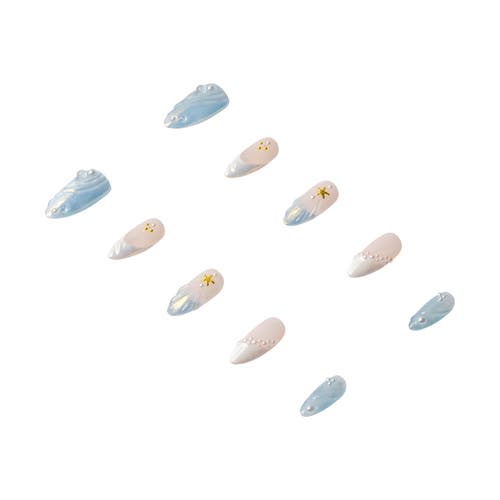 3h Nails Handmade Soft-blue Almond Press-on Nails With 3d Water Details & Pearls