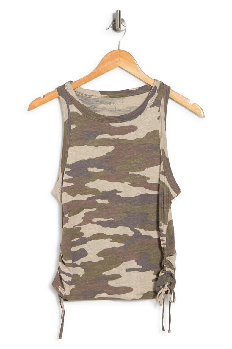 Camo Print Side Tie Ruched Cotton & Modal Tank Top, Alternate, color, OLIVE GREEN