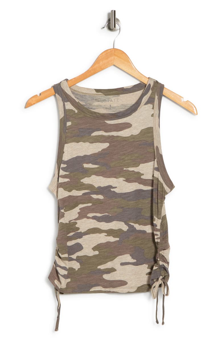 1.STATE Camo Print Side Tie Ruched Cotton & Modal Tank Top, Alternate, color,