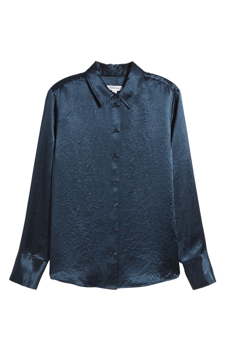 Nordstrom Hammered Satin Button-Up Shirt, Alternate, color, Navy Blueberry