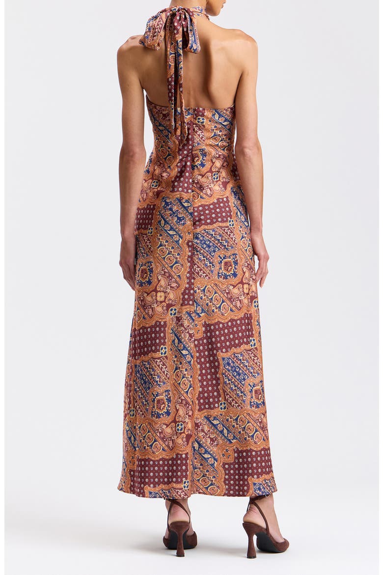 Scarf Print Halter Neck Satin Maxi Dress, Alternate, color, COGNAC MEDALLION SCA