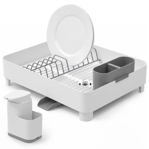 Compact Dish Drying Rack with Drainage Spout and 19 oz Liquid Soap Dispenser with Sponge Holder Nonslip Kitchen Sink Organizer