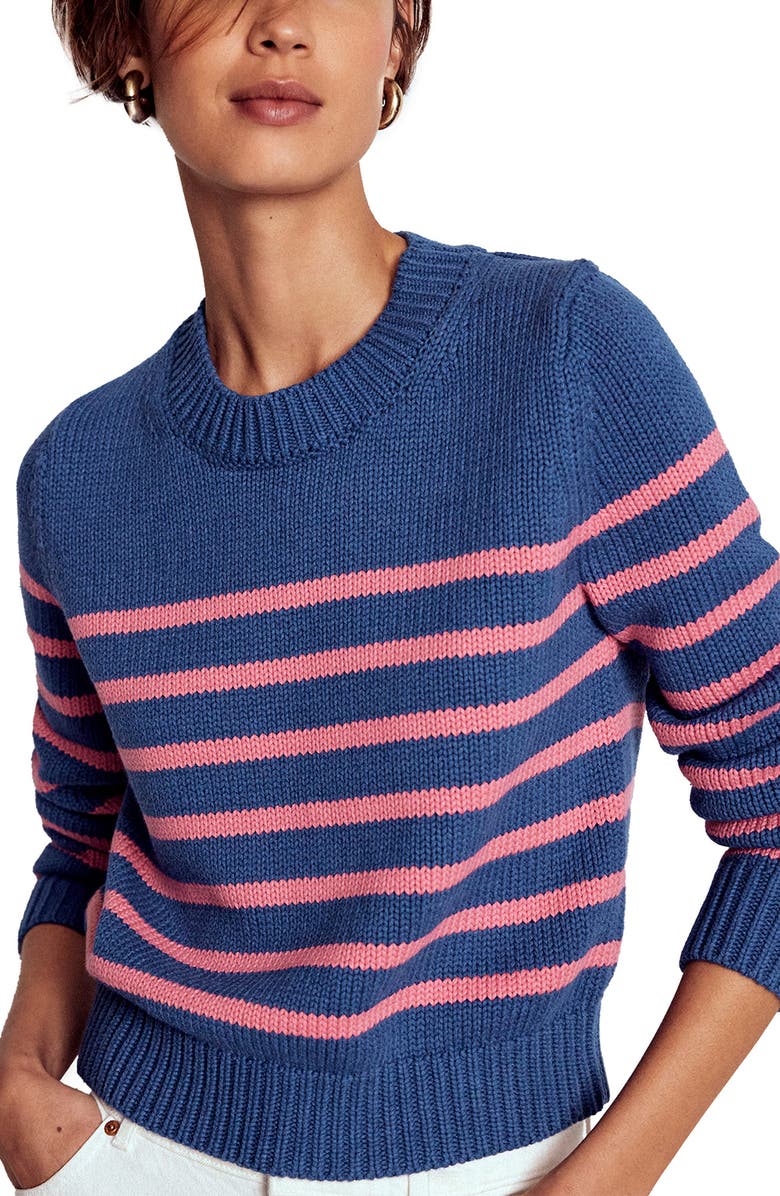 Boden Lucy Stripe Chunky Crop Cotton Sweater, Main, color, Blue, Pink Stripe