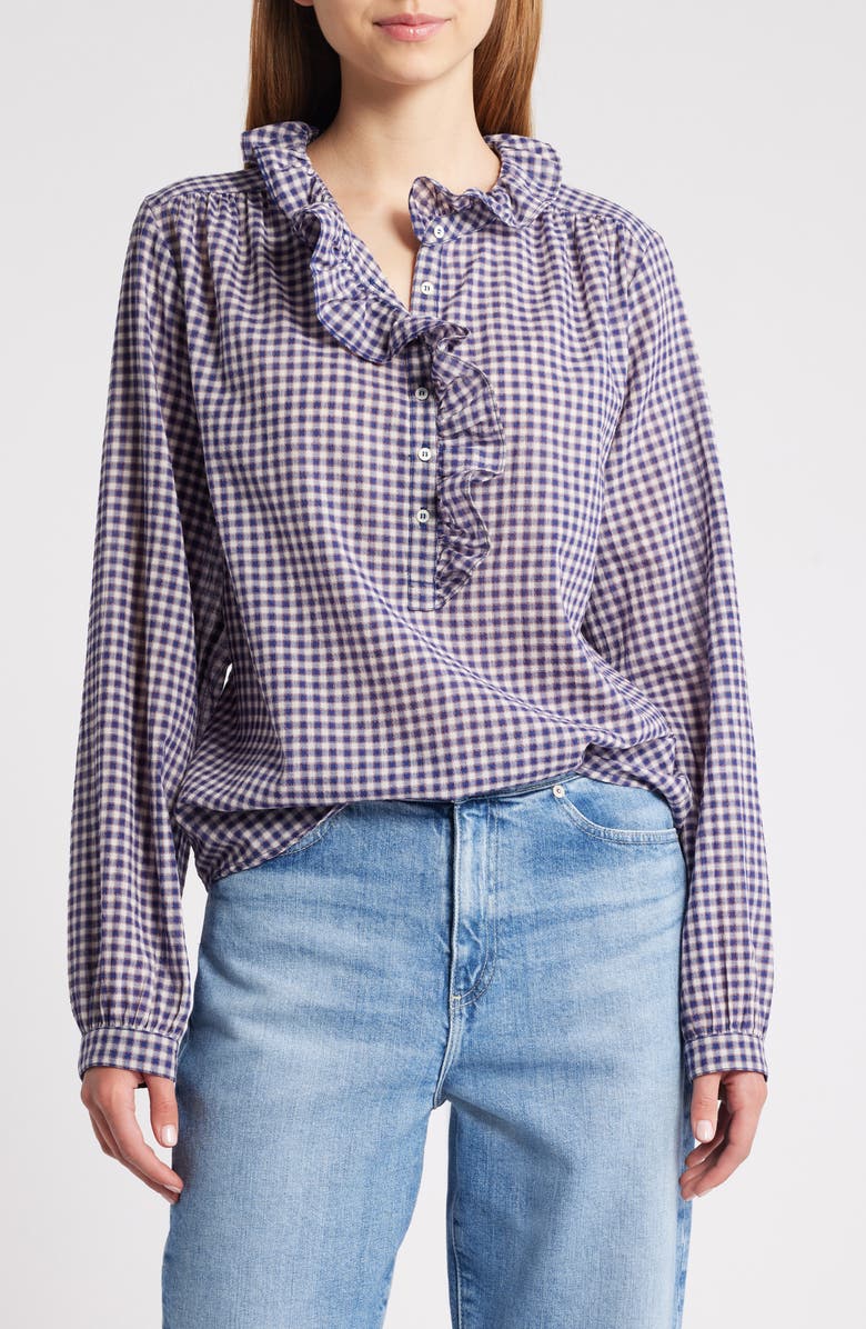 XÍRENA Caspia Gingham Ruffle Popover Top, Main, color, Stone Blue