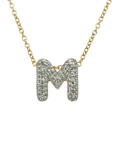 Big Bubble Initial Letter 14K Yellow Gold Diamond Pendant Necklace