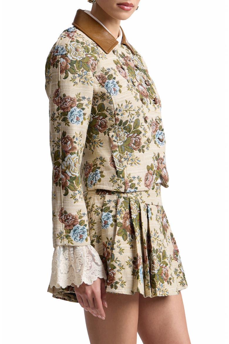 Shrunken Floral Tapestry Blazer with Faux Leather Collar, Alternate, color, TAUPE FLORAL MULTI