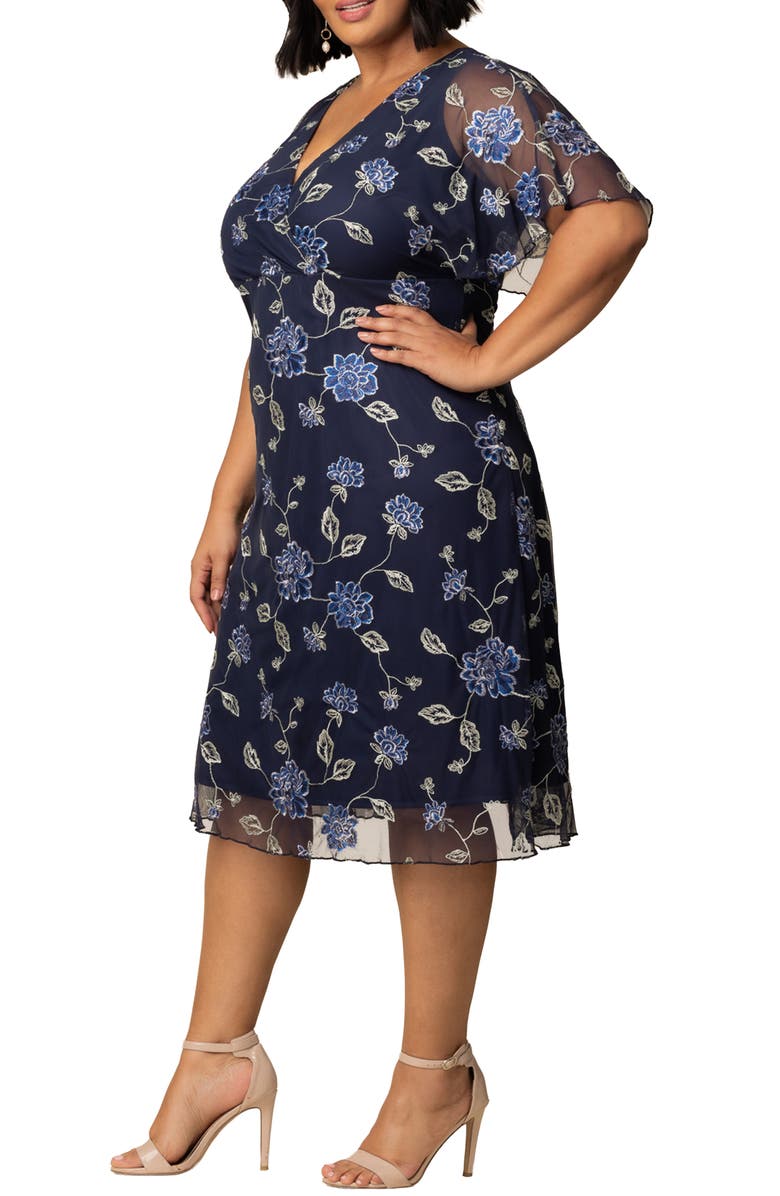 Kiyonna Sonnet Embroidered Midi Dress, Alternate, color, Navy Blue Blooms