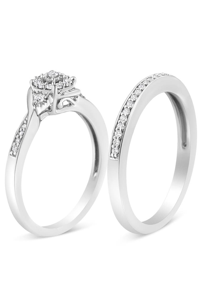 Silver 1/4 Cttw Diamond Halo and Swirl Engagement Ring and Wedding Band Set, Alternate, color, White