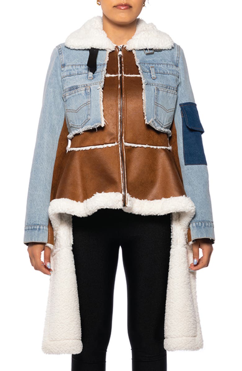 AZALEA WANG Denim & Faux Shearling Jacket, Main, color,