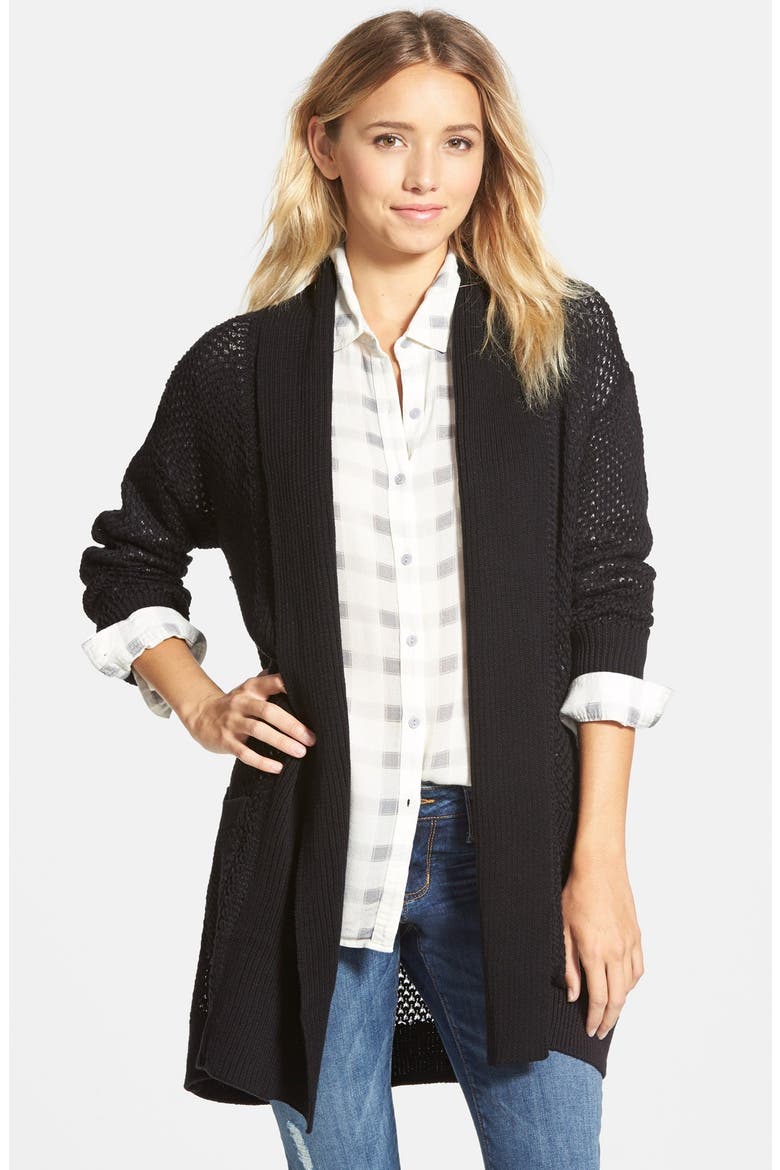 Long Textured Open Cardigan, Main, color, BLACK