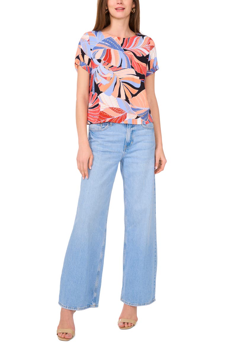Palm Print Rolled Cuff Top, Alternate, color, SERENE SKY