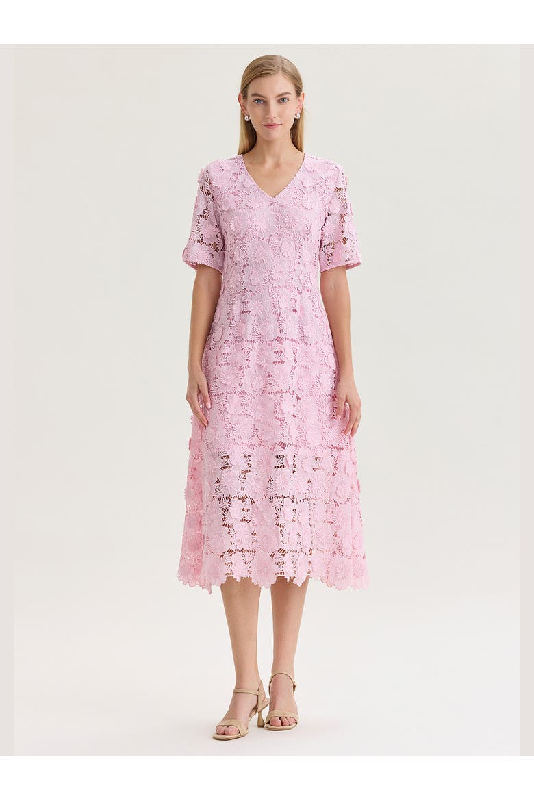 Lined Floral Lace Applique Woven Midi Dress, Main, color, Cherry Blossom