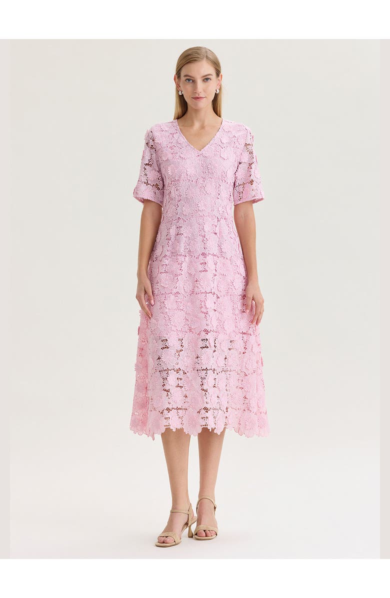 Misook Lined Floral Lace Applique Woven Midi Dress, Main, color, Cherry Blossom