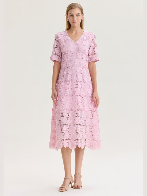 Lined Floral Lace Applique Woven Midi Dress
