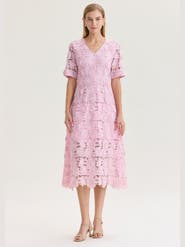 Misook Lined Floral Lace Applique Woven Midi Dress
