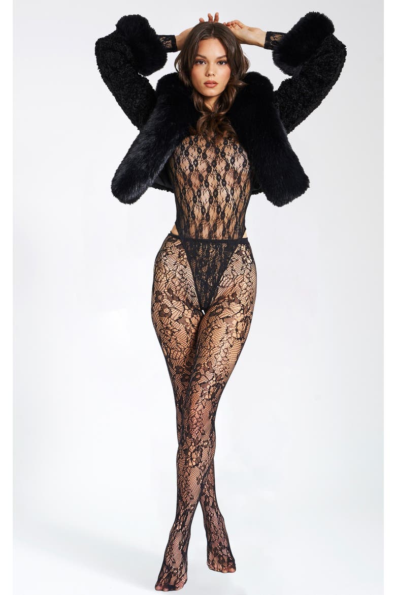 Lace Floral Print Tights, Alternate, color, Black