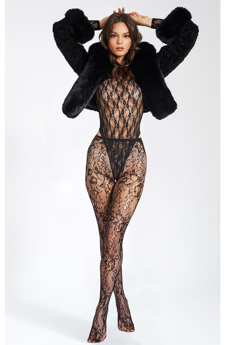 Miss Circle Lace Floral Print Tights, Alternate, color, Black