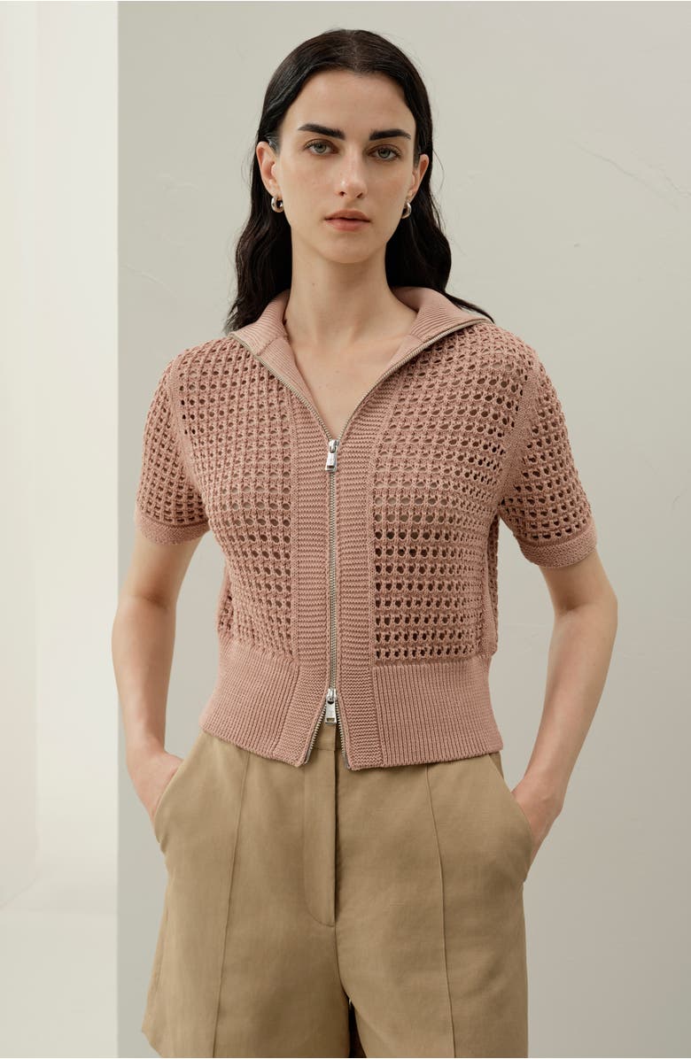 Lilysilk Women's Toscana Pointelle Knit Double-Zip Cardigan, Alternate, color, Warm Taupe