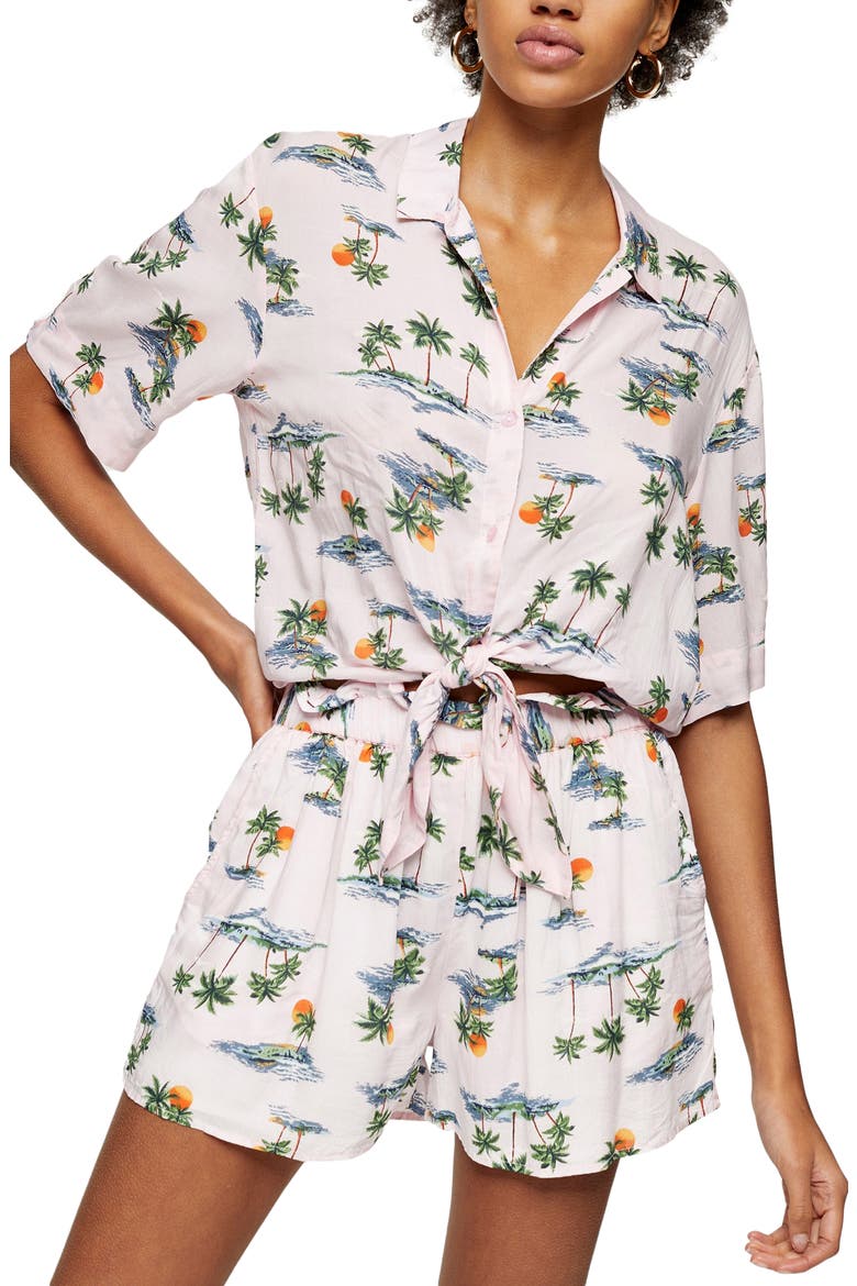 Hawaiian Print Front Knot Top, Main, color, PINK MULTI