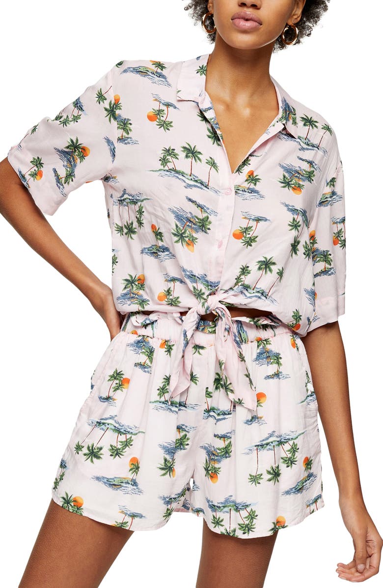 Topshop Hawaiian Print Front Knot Top, Main, color,