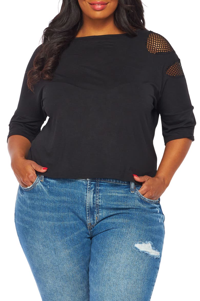 Fishnet Double Notch Sleeve T-Shirt, Main, color, BLACK