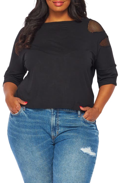 Fishnet Double Notch Sleeve T-Shirt (Plus)