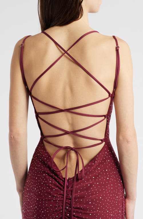 Jump Apparel Rhinestone Strappy Gown In Wine