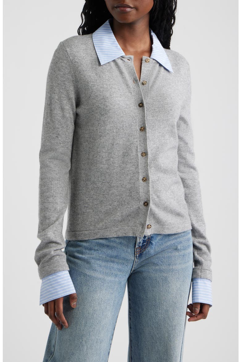Eryn Merino Wool & Cashmere Cardigan with Removable Cuffs & Collar, Main, color, HEATHER GREY POPLIN MIX