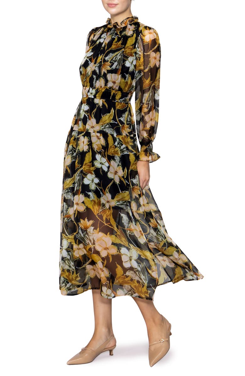 MELLODAY Floral Ruffle Long Sleeve Chiffon Fit & Flare Dress, Alternate, color, Black Multi