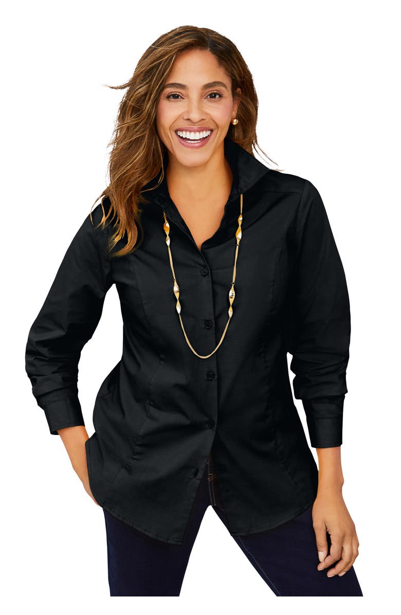 Jessica London Wrinkle-Free Stretch Poplin Shirt, Main, color, New Black