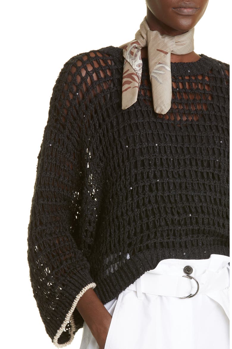 Sequin Open Knit Linen Blend Sweater, Alternate, color, CYP57 BLACK