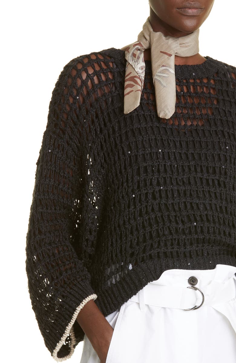 Brunello Cucinelli Sequin Open Knit Linen Blend Sweater, Alternate, color, 