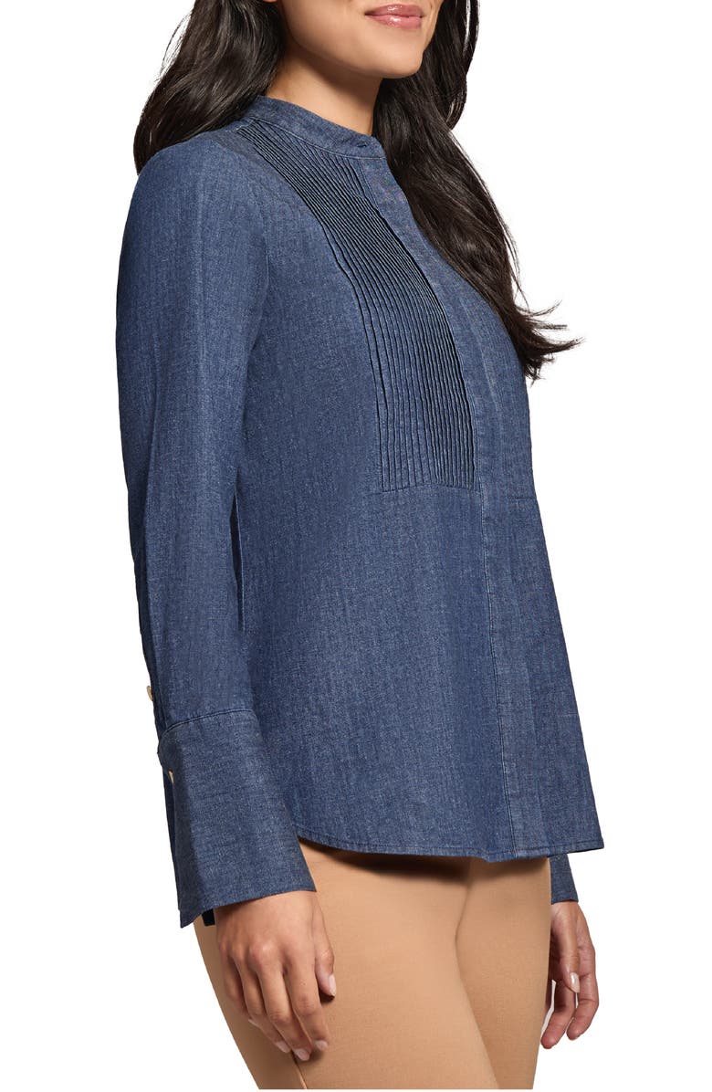 Jones New York Pintuck Pleat Stretch Denim Button-Up Shirt, Alternate, color,