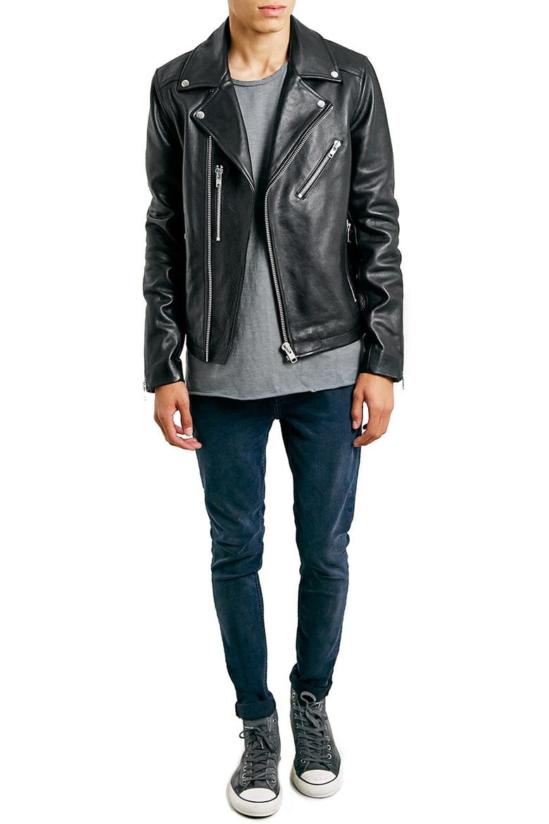 Black Leather Biker Jacket, Alternate, color, BLACK