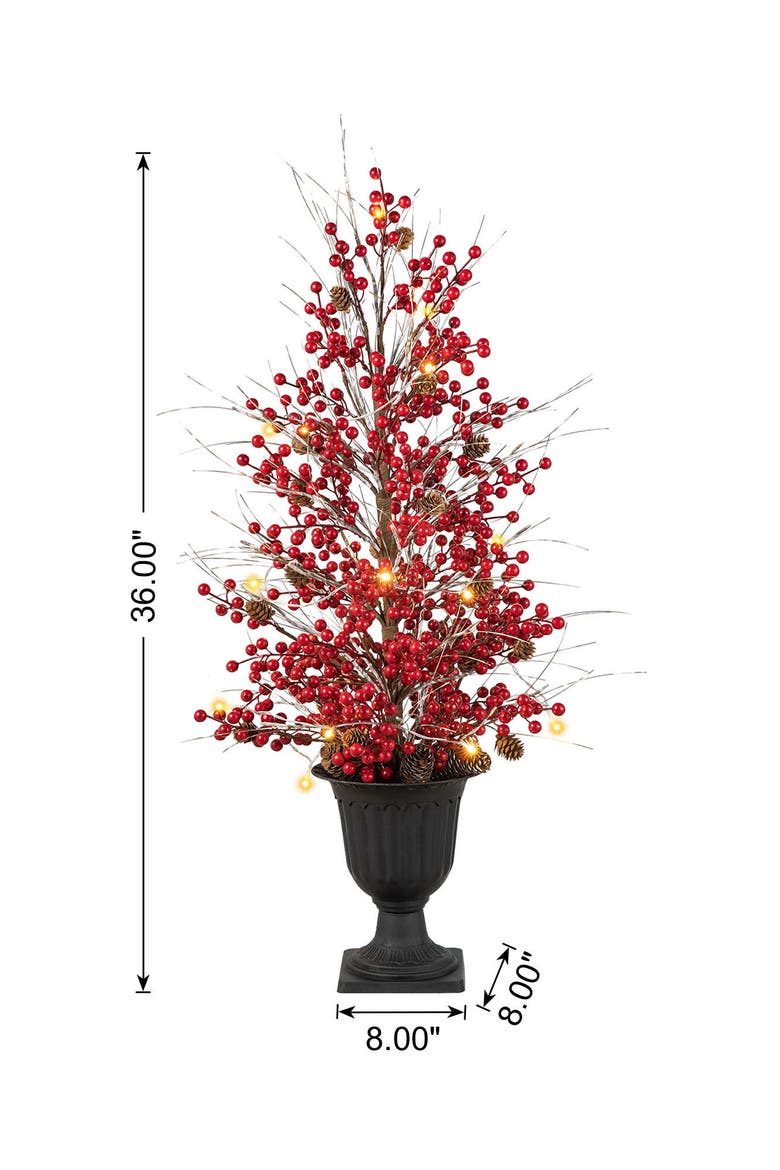 3FT Christmas Lighted Berry and Pine Cone Urn Porch Tree with Timer, Alternate, color, Red