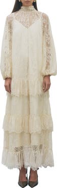 MAUDE CLUB Olympia Mock Neck Lace Maxi Dress