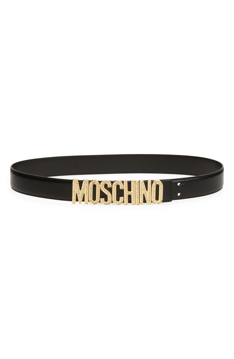 Moschino Crystal Logo Leather Belt, Main, color, 