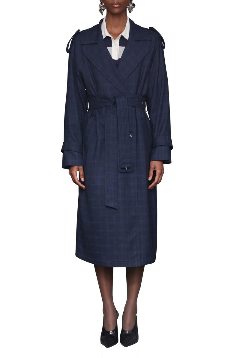 Avec Les Filles Plaid Double Breasted Belted Trench Coat, Main, color, Midnight Plaid