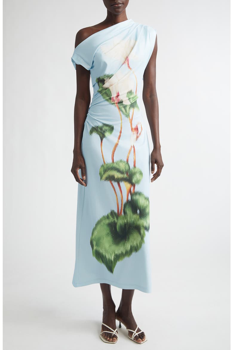 Chiné Cyclamen One-Shoulder Dress, Main, color, WHITE/ LIGHT BLUE
