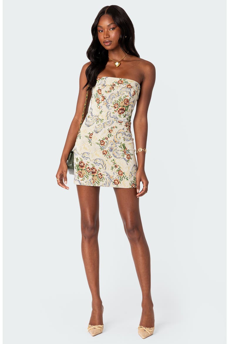 Floral Tapestry Lace-Up Back Strapless Minidress, Alternate, color, CREAM