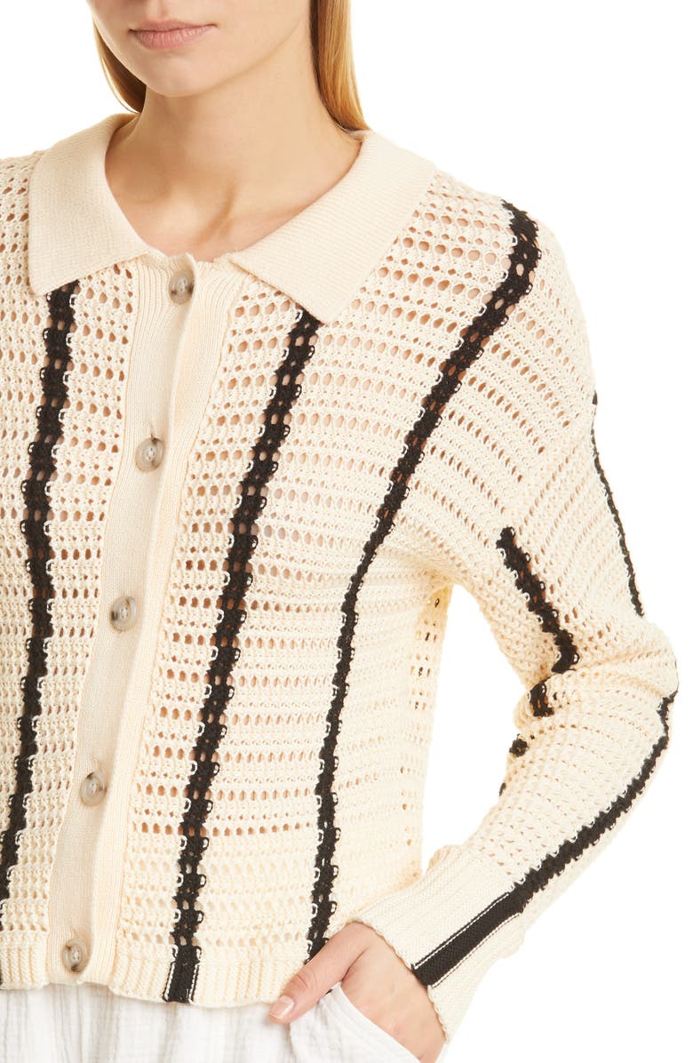 Monrow Vertical Stripe Organic Cotton Crochet Cardigan, Alternate, color, 
