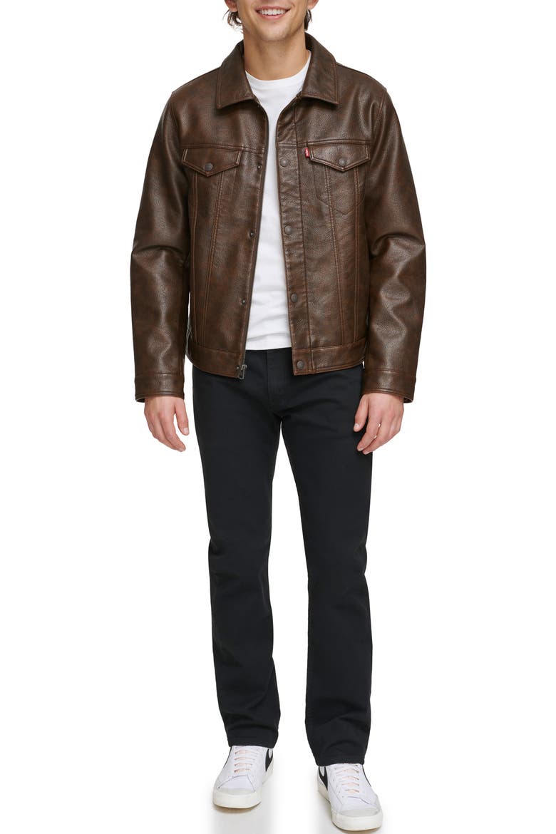 Faux Leather Trucker Jacket, Alternate, color, BROWN