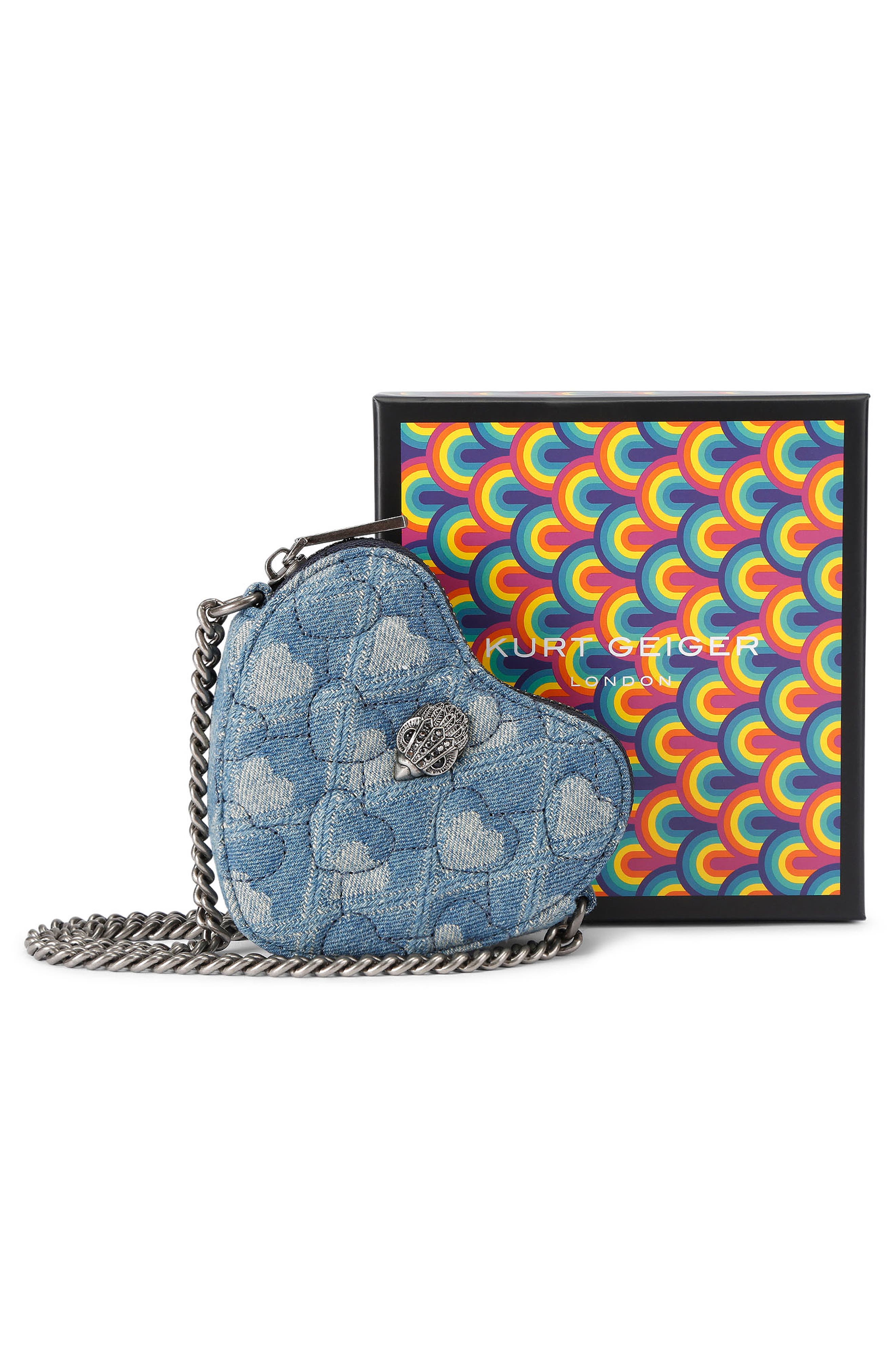 Kurt Geiger London Micro Heart Quilted Denim Crossbody Bag, Alternate, color, 