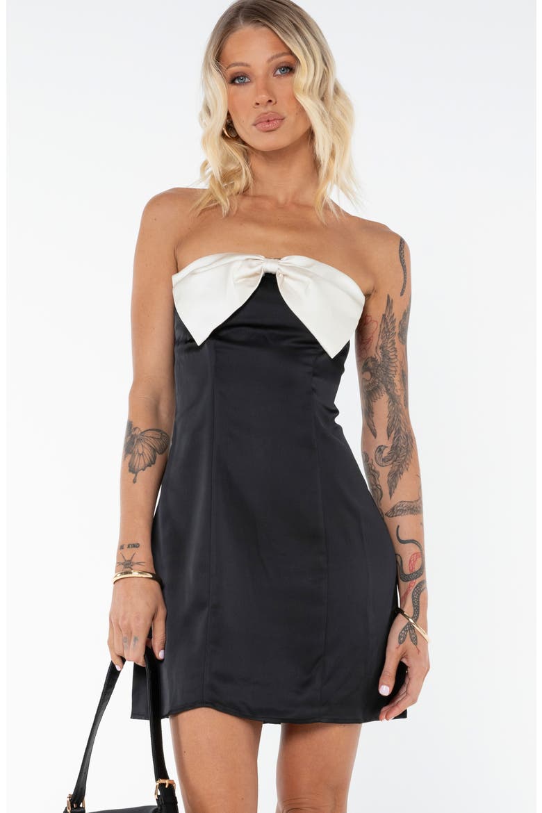 Kesy Bow Strapless Minidress, Alternate, color, BLACK