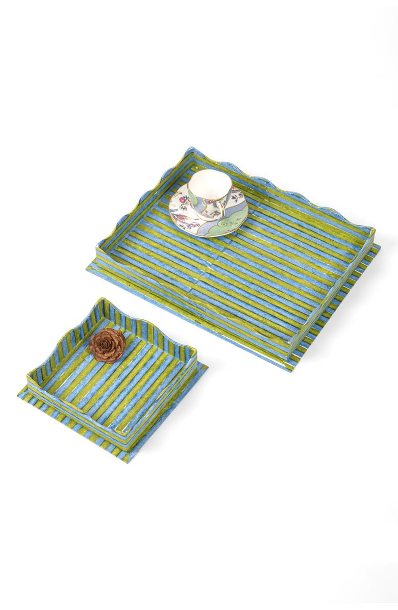 Inner Child Nesting Scalloped Stripe Blockprint Tray, Alternate, color, Green Blue - Small