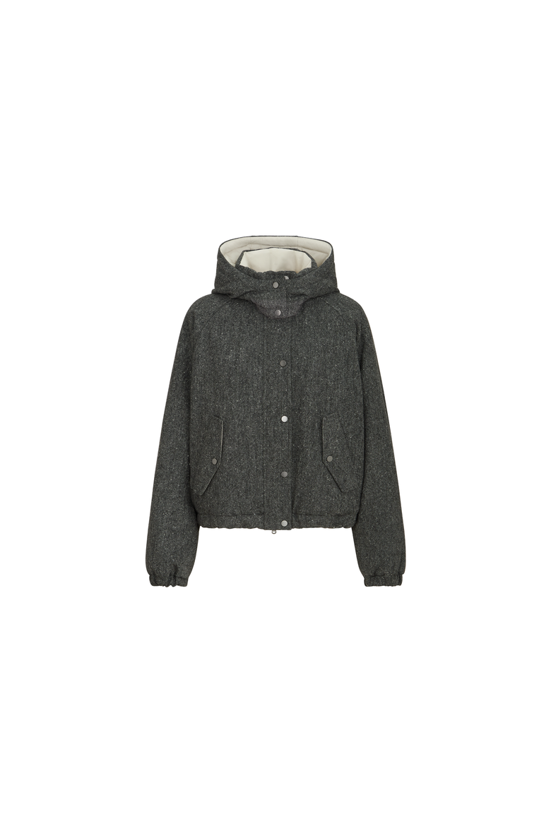 Virgin wool donegal down jacket with detachable hood and shiny zipper pull, Alternate, color, Anthracite