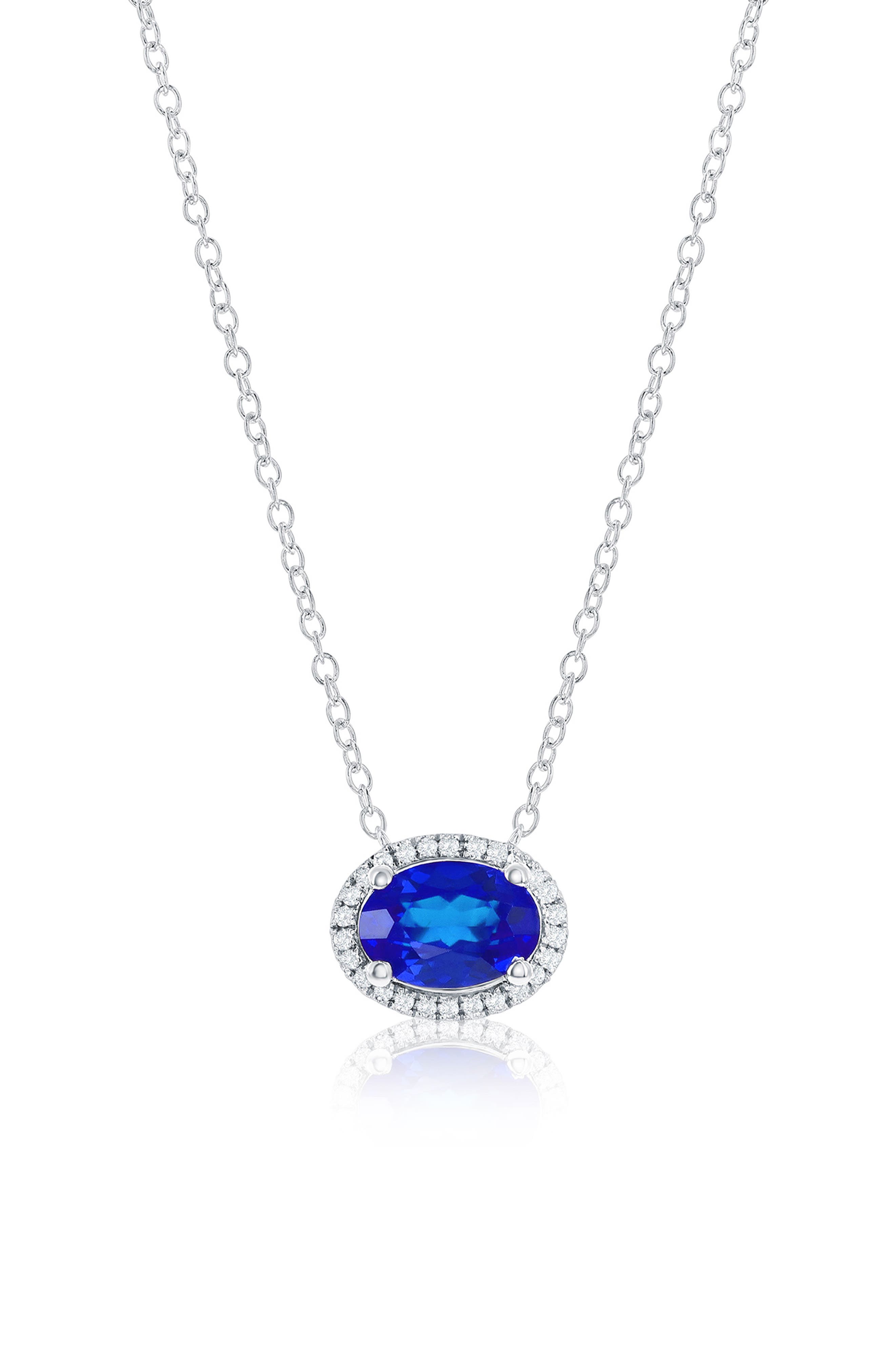 Sterling Silver Lab Grown Gemstone & Diamond Halo Pendant Necklace
