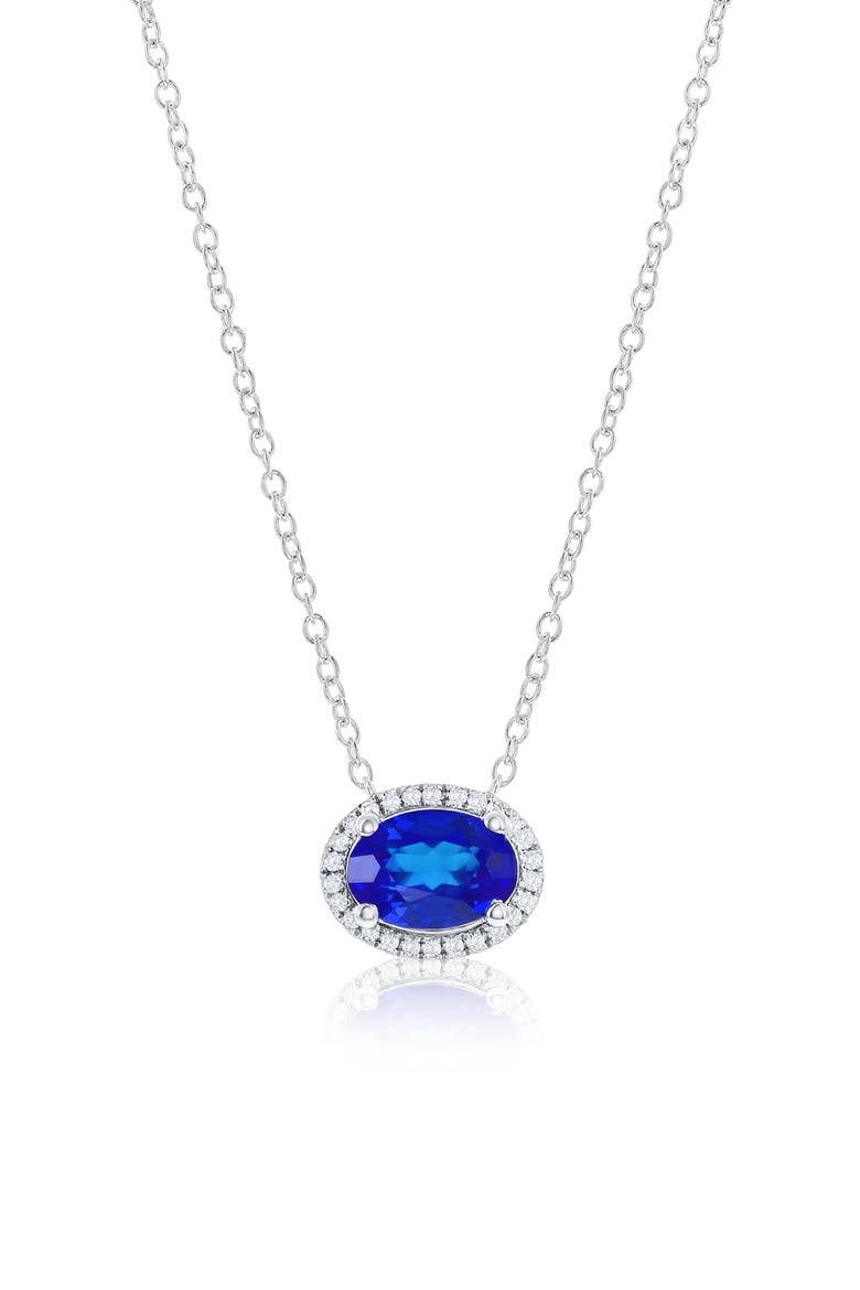 Sterling Silver Lab Grown Gemstone & Diamond Halo Pendant Necklace, Main, color, SAPPHIRE
