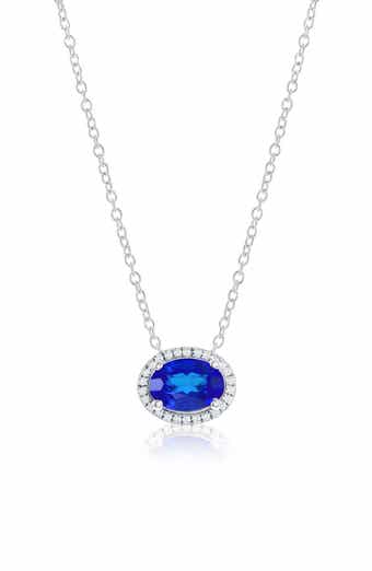 Sterling Silver Lab Grown Gemstone & Diamond Halo Pendant Necklace